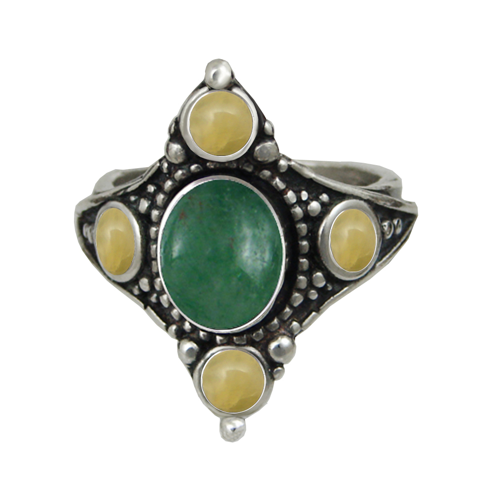 Sterling Silver Renaissance Queen's Ring With Jade And Yellow Aragonite Size 9